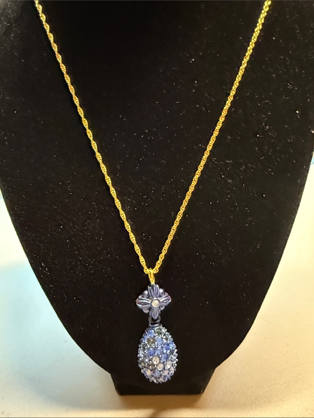 Goldtone Chain Necklace with Blue Crystal Egg Pendant